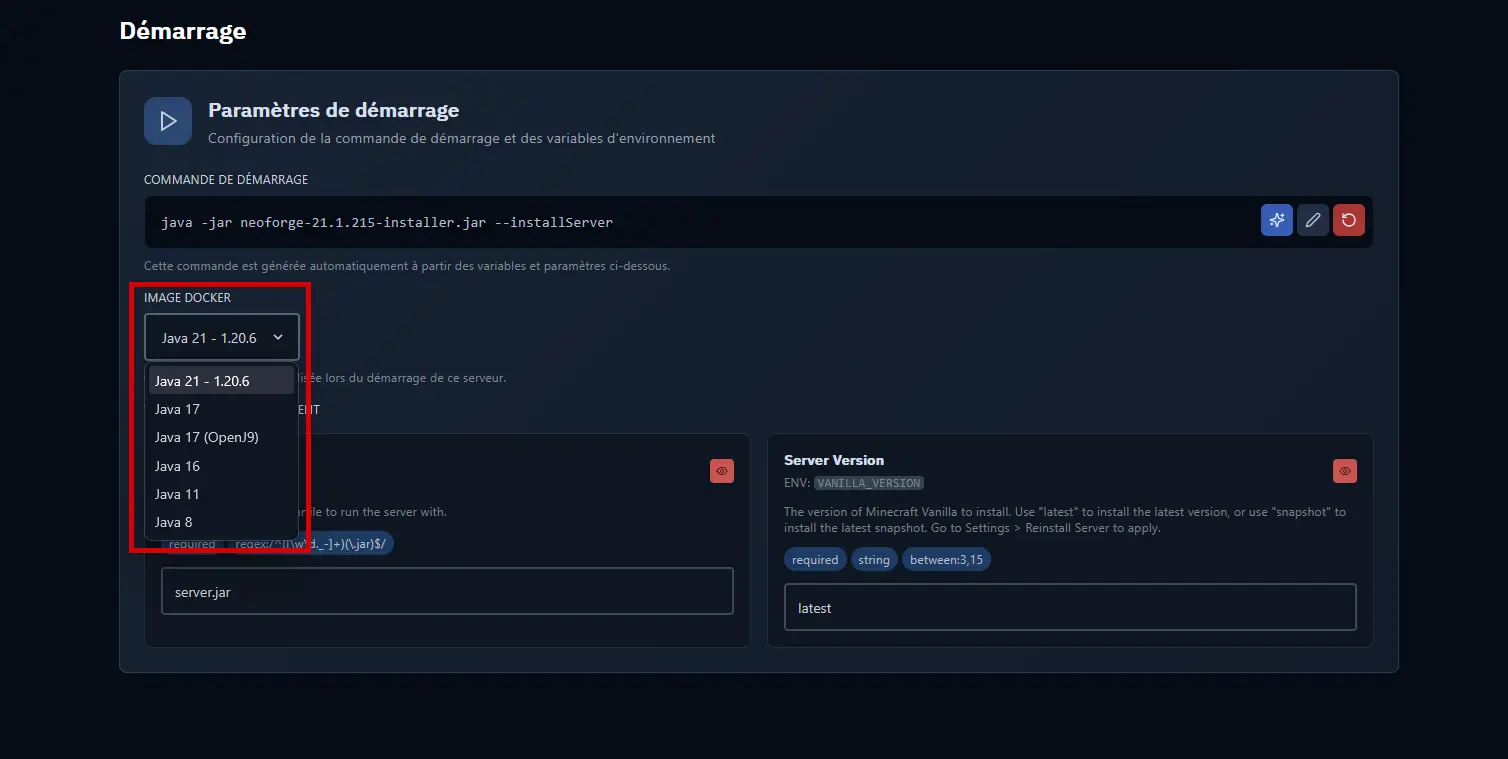 Selector de imagen Docker / versión de Java