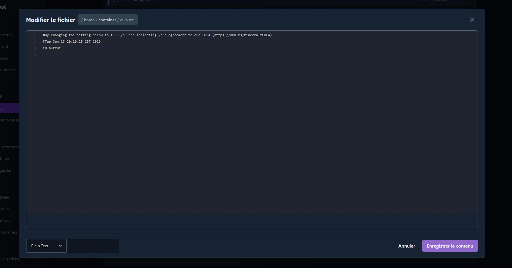 Archivo eula.txt con el valor modificado