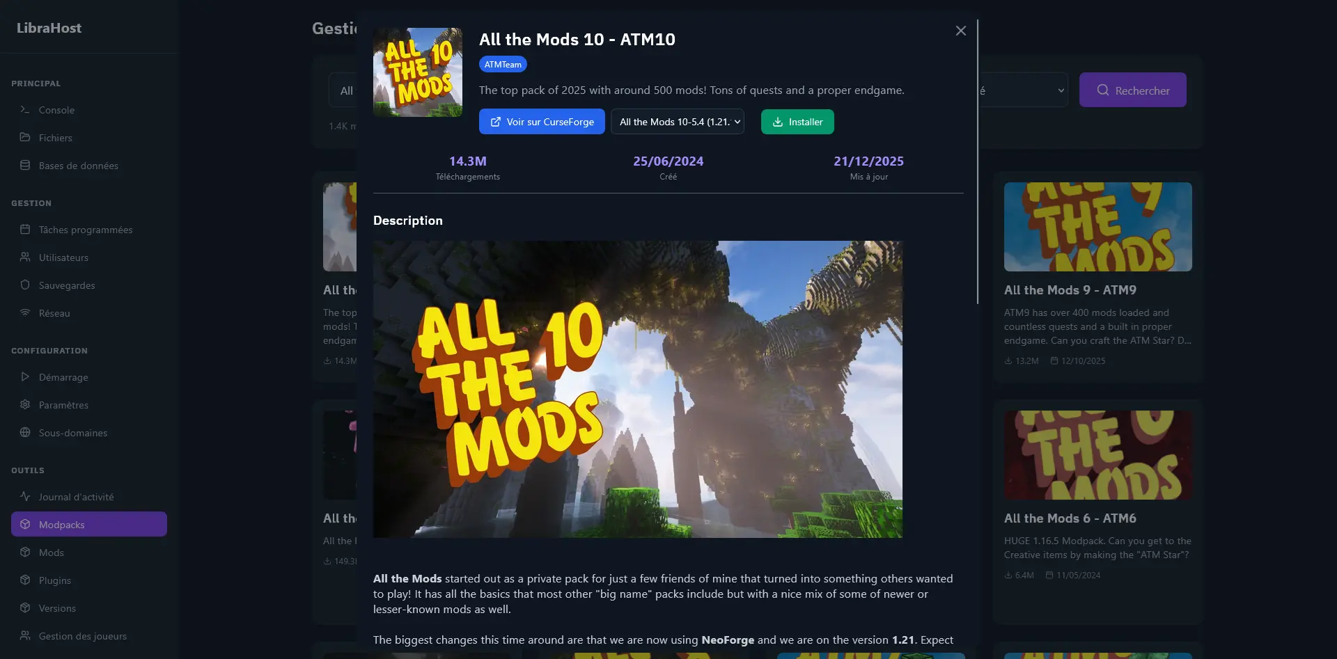 Modal de detalles de un modpack abierto
