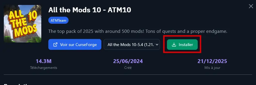 Botón "Instalar" en el modal del modpack