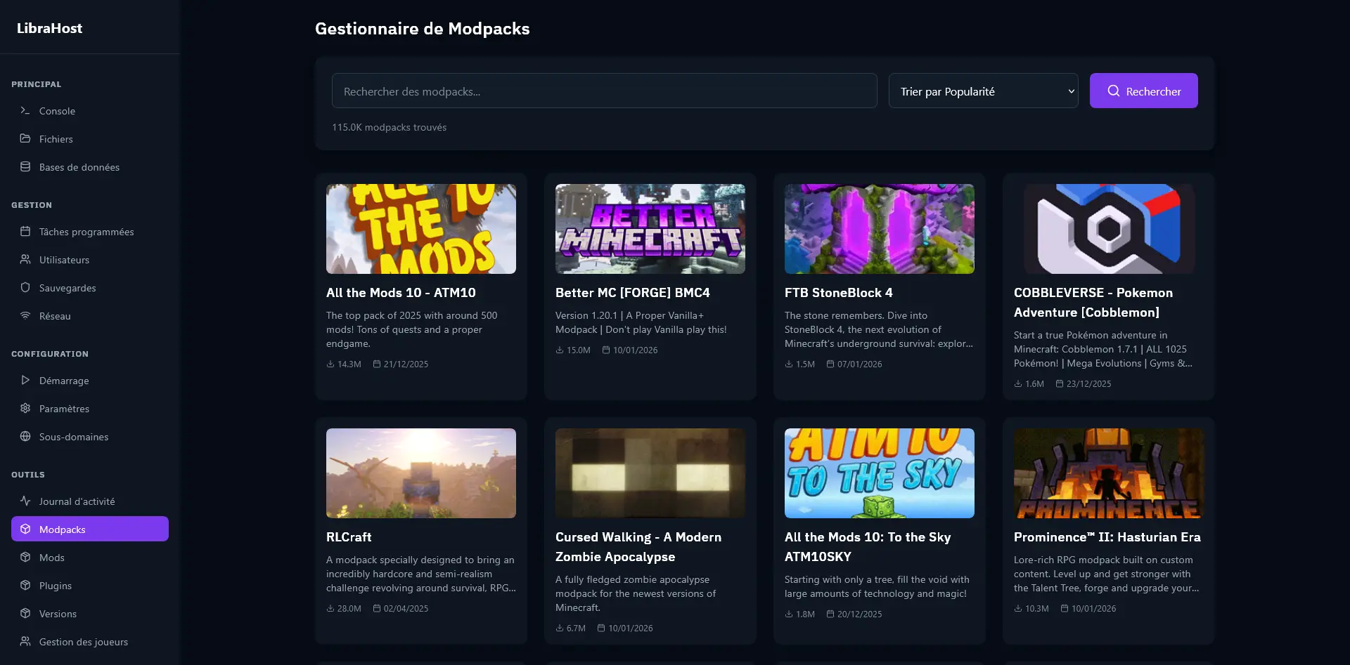 Vista general del gestor de modpacks con la cuadrícula de modpacks