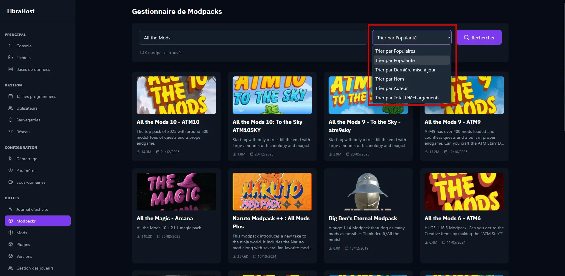 Menú desplegable de ordenación abierto con las opciones visibles