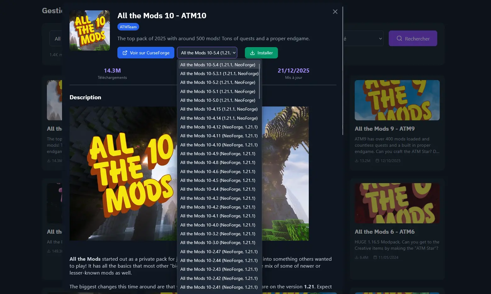 Menú desplegable de versiones abierto con varias opciones