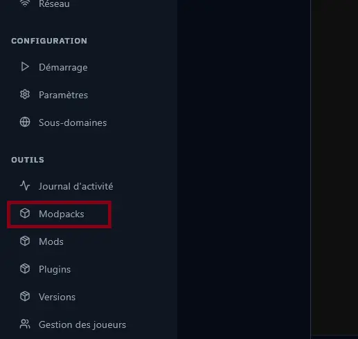 Barra de navegación del servidor con la pestaña Modpacks