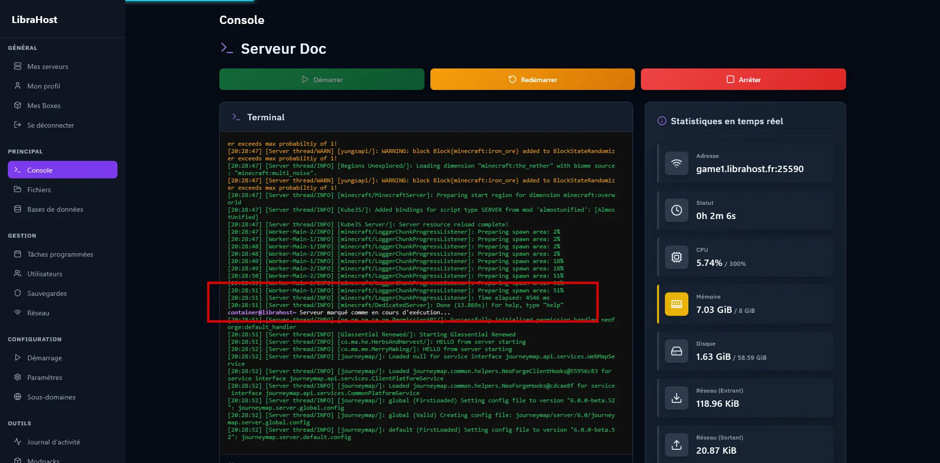 Consola con el mensaje "Done" indicando que el servidor está listo