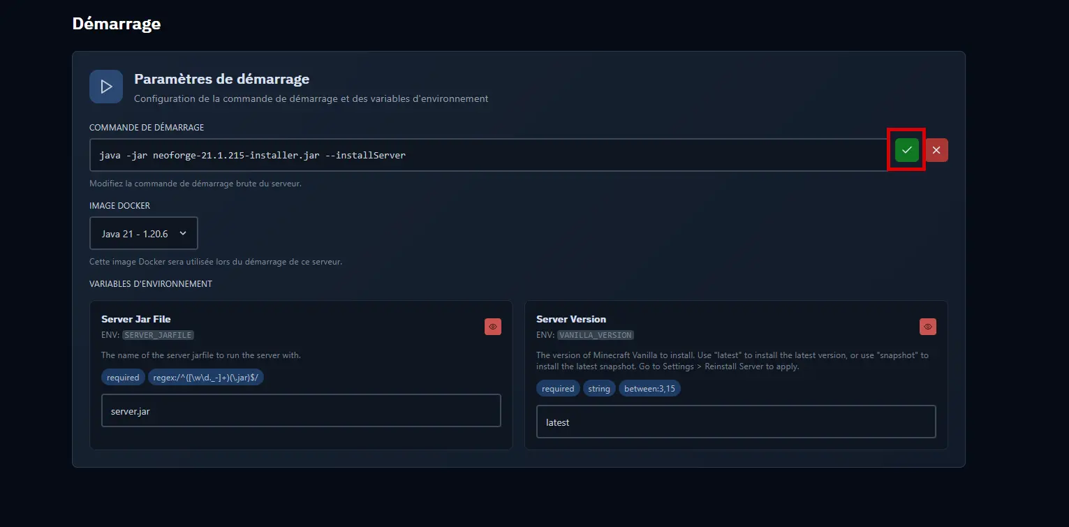 Comando de inicio en modo edición con los botones validar/cancelar
