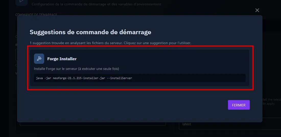 Modal de sugerencias de comando de inicio con varias opciones