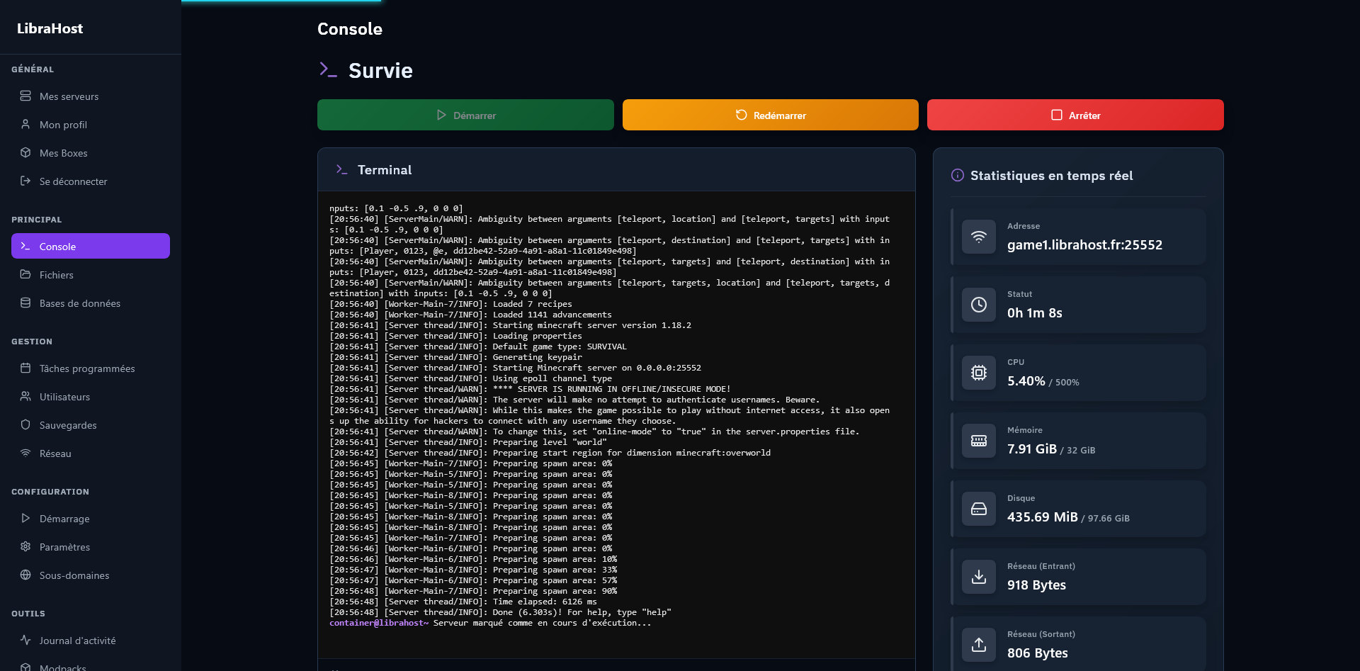 Captura de pantalla del panel de gestión de servidores de juegos